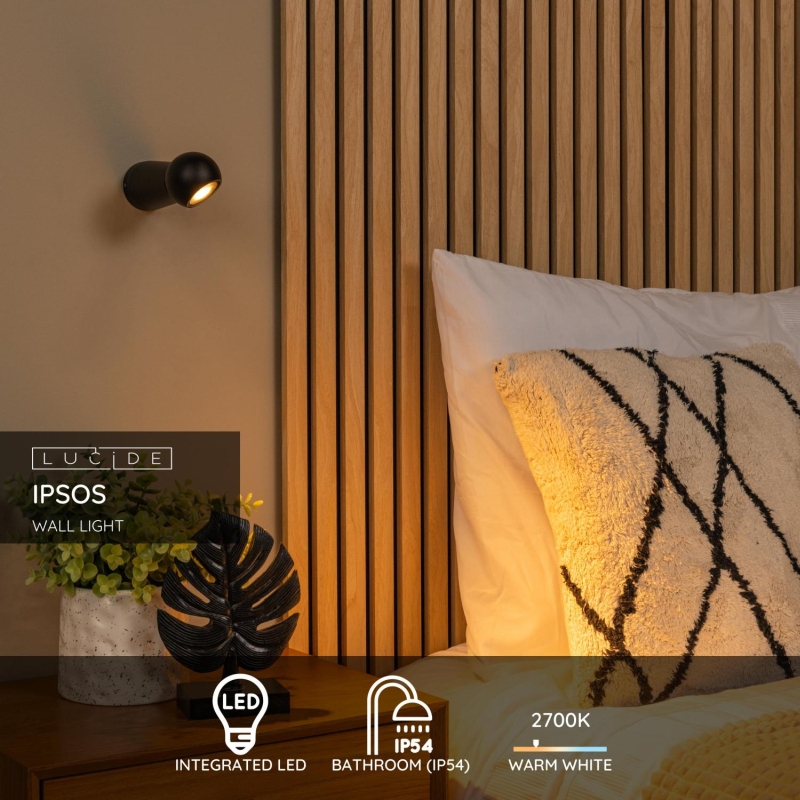 Lucide IPSOS - Nástenné svietidlo vnútorné/vonkajšie - LED - 1x6W 2700K - IP54 - čierne